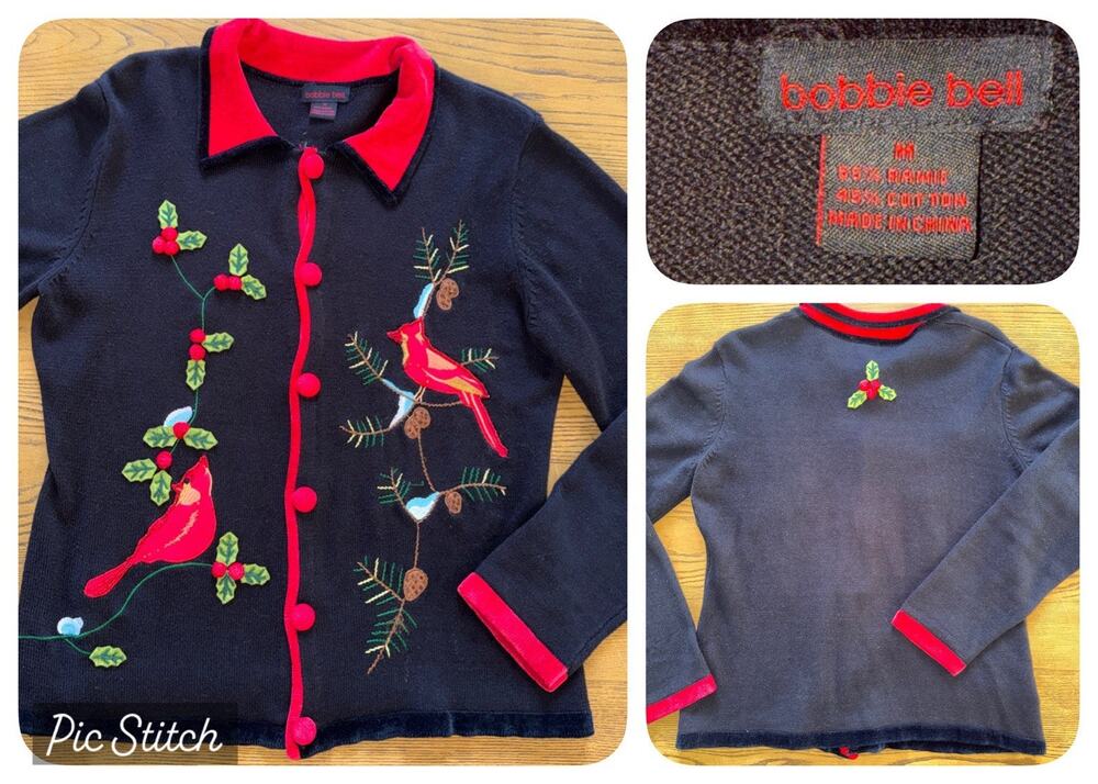 Bobbie Bell Knit Christmas Cardigan Sweater Embroidered Birds Women's M So Cute!
